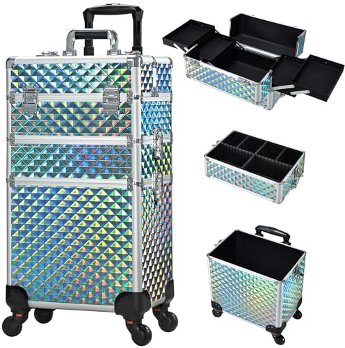 Kosmetikkoffer Trolley Make up Koffer Kosmetik Trolley 3-in-1 Friseurkoffer Groß Schminkkoffer mit Rollen Nagelkoffer Beauty Case Multikoffer,Blau