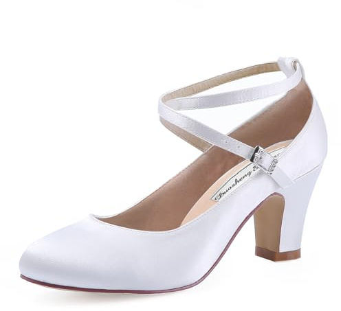 Duosheng & Elegant Chaussures Blanches Femme Mariage HC1808 Haut Bloc Escarpins Boucle Vintage Talon Stain Bout Mary Janes EU 40