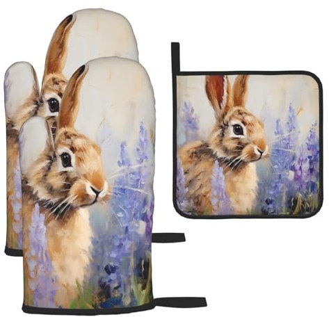 Oil Painting Rabbit Hyacinth Floral Printed Oven Mitts And Pot Holders Sets Oven Mitts Heat Resistant Oven Gloves For Cooking Baking Kitchen BBQ