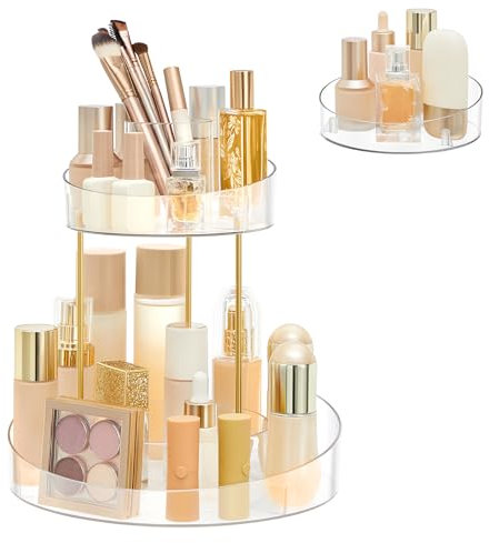 SONGMICS Make-up Organizer drehbar, mit extra Tablett Oben, Kosmetik-Organizer rund 2 Ebenen, Schmink-Aufbewahrung, geräumig, für Schminktisch, Schlafzimmer, Küche, weihnachten, transparent JKA027W02