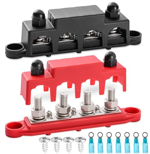 12V-48V DC Stromverteilungsblock 250A Bus Bar mit 4 x M10 Posts Klemmenblock mit Abdeckung für Automotive,RV,Boat, Yacht (Schwarz & Rot)