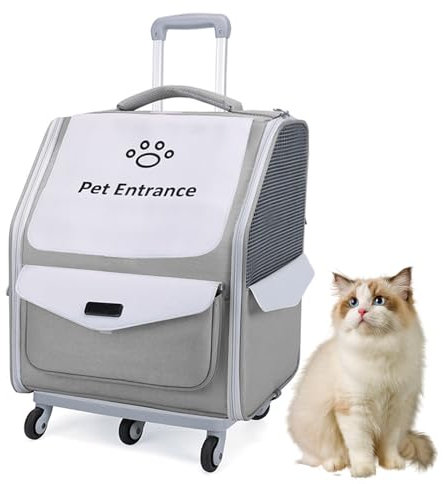 PJDDP Haustier-Reiserucksack, Rucksäcke Trolley Für Hund Und Katzen, Haustiertrolley Faltbar,Hunderucksack Trolley, Faltbar, 2 in 1 Mit Rollen Und Griff,Grau