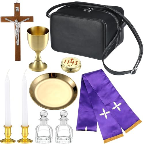Vinsatin Catholic Travel Mass Kit Communion Pastoral Sick Call Set Include 1 Gold Pyx, 1 Stole, 1 Carrying Case, 1 Crucifix, 2 Glass Bottles, 1 Chalice, 1 Paten, 2 Candlestick Bases and 2 Candles