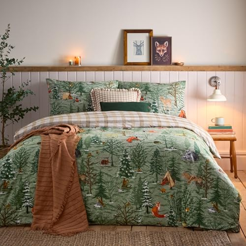 furn. Lodge Wood Duvet Cover Set 100% Brushed Cotton Reversible – Warm Cosy Bedding (Oak Green – Super King)