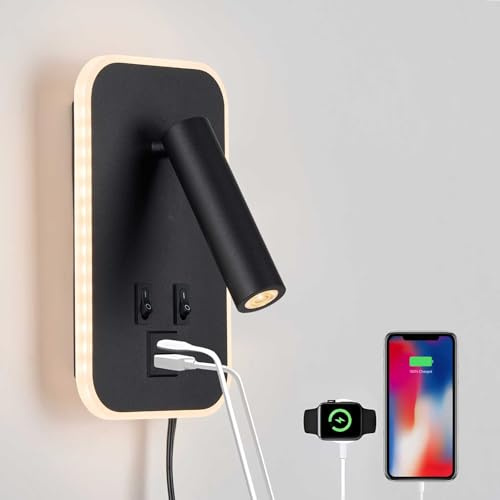 mosueeard Headboard Reading Light, Bedside Lamp Plug in Hardwired 2 in 1 Wall Sconce Bedside Lamps USB C+A Ports, Adjustable Headboard Lights for Bedroom with 10W+3W Wall Mounted Reading 3000K (Black)