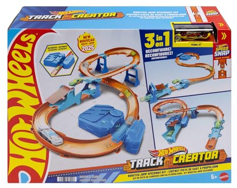 Hot Wheels Toy Car Track Set, Deluxe Building Box with Motorized Booster, 1:64 Scale Vehicle, Speed Snap Track, Boosted Jump Speedway