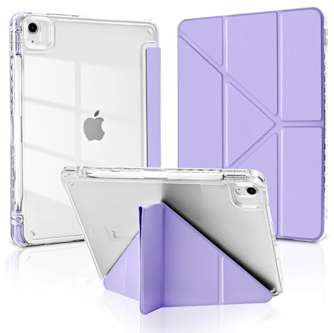 MuyDouxTech Coque pour iPad Air 11 M4/M3/M2 (2026/2025/2024), iPad Air 5/4 2022/2020 10,9 avec Porte-Stylet, Support Vertical et Horizontal 5 Angles Pliables, Dos Transparent Antichoc, Violet Clair