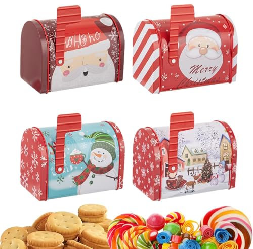 Scatola natalizia per biscotti – 4 scatole per biscotti natalizi, piccola scatola decorativa in latta | Cassetta delle lettere in latta per biscotti, scatola per dolcetti per la Weih