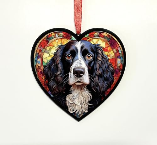 Springer Spaniel Black & White Heart Suncatcher - Memorial or Gift for Dog Lovers - 19cm