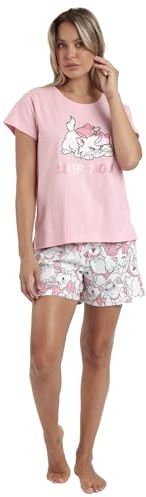 Disney Pigiama da donna a maniche corte Sleepy Marie in cotone, scollo rotondo e pantaloncini stampati con vita regolabile, maglietta con dettagli lucidi, Rosa, L