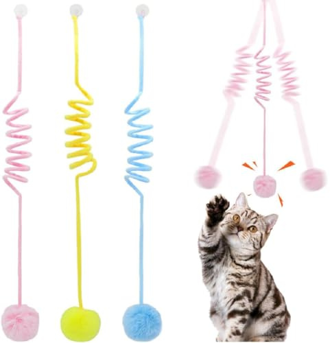 3 Stück Tier-Herzen Interaktives Katzen Gummizug Spielzeug, Interaktives Katzenspielzeug Hängende Türrahmen, Einziehbar Kätzchen Zauberstabspielzeug mit Glocke, Teaser Spielzeug für Indoor Kätzchen