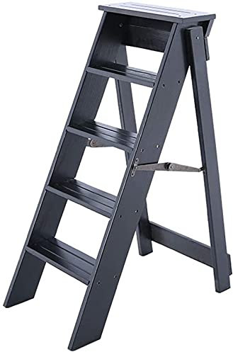 Trittleiter aus Holz, Klapphocker, 5-stufig, multifunktional, für Küche/Büro/Bibliothek, Stehleiter, maximale Belastung 150 kg (schwarz)
