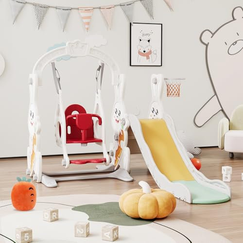 Scivolo per bambini 4 in 1 con altalena, struttura per arrampicata, cestino da basket, scivolo per bambini da 2 anni, parco giochi per bambini, scivolo per arrampicata (bianco A, 4 in 1)