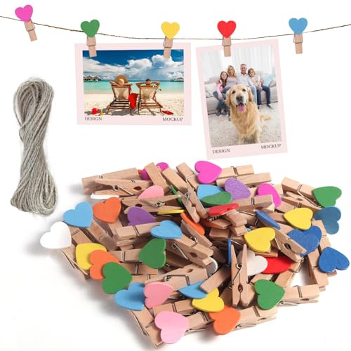 msymsyu Pinzas Pequeñas Madera 120 PCS, Mini Pinzas de Madera 3.5x0.7cm, con 50m de cordón, Mini Pinza Maderas para Colgar Fotos y Postales, y para Todo Tipo de Decoraciones de Fiesta