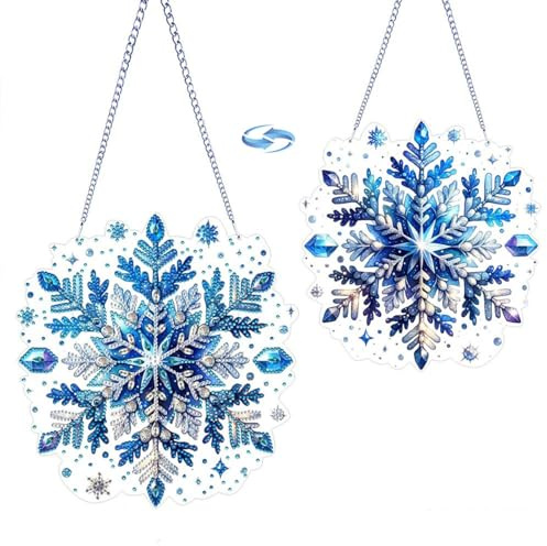 CXINLky DIY Diamond Art Painting Schneeflocken Anhänger mit Kette, Diamant Painting Weihnachten Fensterbilder Malerei Wandbehang Kits für Fenster Wand Garten Decor-02-Blaue