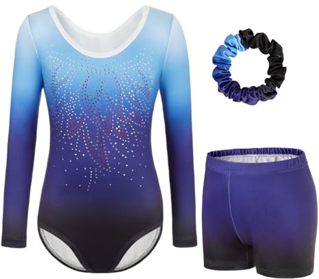 JoyBound Girls' Gymnastics Leotards LongSleeves Set -Three-Piece for Long Sleeves Leotard, Shorts & Hairband Gradient Color Ballet Unitard Outfit for Ages 5-12 Dancers (BLUE-1, Tag 8A(7-8 Years))