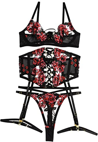 Completo Lingerie Donna Rosso Vestito Sexy Natale Sexy da Donna A Tre Pezzi con D Ricamo Pesante Cuciture Artigianali con Lacci Cinturino Perizoma Divertenti Biancheria Black L