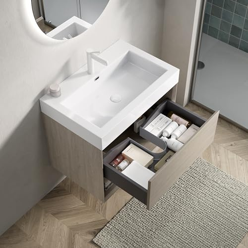Dolamaní Waschtisch mit Unterschrank 70 cm, Badezimmer Badmöbel hängend, Sperrholz Schrank mit eine Schublade und EIN Offenes Regal, Vormontiert, Eiche Hell Holzmaserung (70cm)
