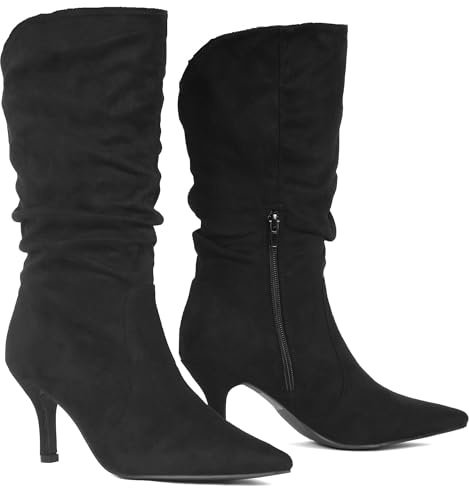 Women’s Mid Calf Kitten Heel Boots – Slouch Faux Suede Dress Boots with Pointed Toe & Side Zipper, Classic for Work & Casual Wear (BLACK, Adult, Women, 6, Numeric, UK Footwear Size System, Medium)