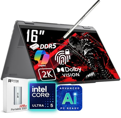 Lenovo Yoga 7i 2 en 1 AI Ready Laptop, pantalla táctil 2K de 40.6 cm, Core Ultra 5 226V (>Ultra 7 155U), Copilot+ PC, teclado retroiluminado, huella dactilar, WiFi 7, Windows 11 Home, gris (16GB 8533