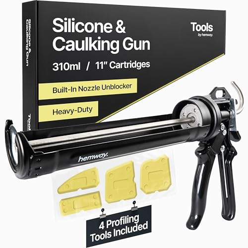 Sealant Gun + Profiling Tool 4 Applicator Kit | Strong Silicone Gun for 310ml Cartridge | Multi Edge Reusable Applicator Scrapers | Use with Caulk Mastic Sealant Adhesive | Hemway