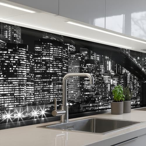 KitchenYeah© Splashback for Kitchen self Adhesive Sink Splash Splatter | 32x118 / 80x300 cm - Guard Backsplash Decor New York - Brooklyn - Bridge - Black and white