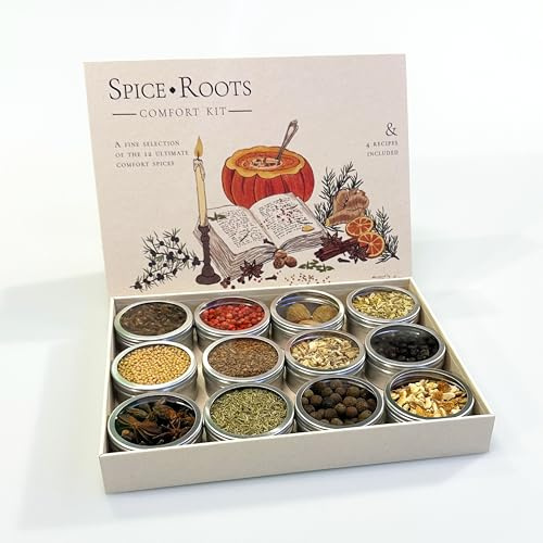 SpiceRoots Kit de Especias Comfort – Set de especias para regalar con 12 especias para platos reconfortantes + 4 recetas – Tarros de especias – Caja de regalo 100% especias naturales