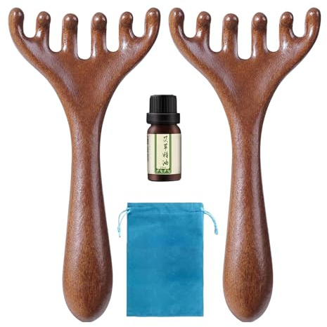 Ensemble de massage du cuir chevelu – 2 outils de relaxation avec tête en bois, brosse ergonomique à 6 griffes avec huile essentielle | Kit portable de soins capillaires et de massage spa pour le visa