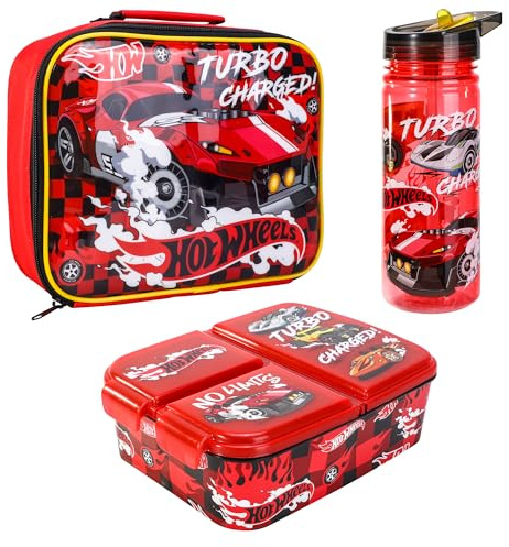 Hot Wheels Juego de lonchera para niños, bolsa de almuerzo aislada, lonchera multicompartimento y botella de agua de 580 ml, juego de comida para el almuerzo de viaje escolar, sin BPA