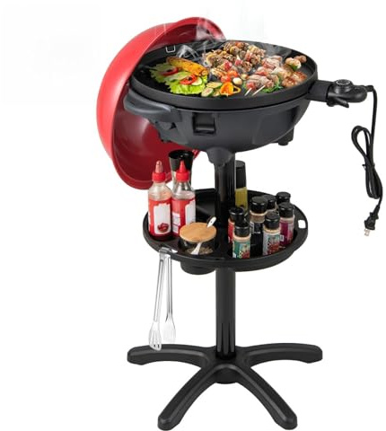 CHEFJOY 1200W Electric Grill Outdoor, 2-in-1 Freestanding & Tabletop BBQ Grill w/Thermometer, Nonstick Griddle, Lid & Drip Tray, Portable Camping Grill for Patio, Backyard, Party (Red)