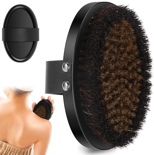 Torrborste av fina kopparfibrer, effektiv torrborste för kroppen med mjuka borst och ergonomiskt bomullsrep för dusch, massage och bad (svart läderhandtag, 1 st.)