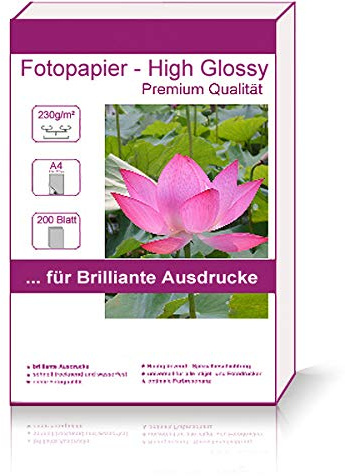 200 Blatt DIN A4 230g/m² Fotopapier Hglossy wasserfest Photopapier hochglänzend high glossy wasserfest für Brother Canon HP alle gängige Tintenstrahldrucker