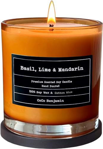(Basil, Lime & Mandarin) 100% Natural Soy Wax Candle by CoCo Benjamin - Highly Scented & Hand-Poured Luxury Candle - Clean Burning Cotton Wick