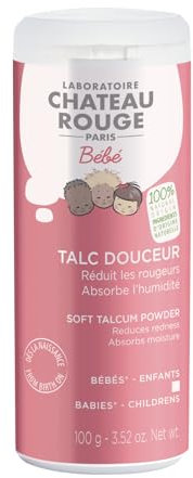 LABORATOIRE CHÂTEAU ROUGE - Talc Bébé Douceur - 100 g - Absorbe l'Humidité, Protège & Apaise les Irritations - Hypoallergénique, Sans Parabène - Testé Dermatologiquement - Fabriqué en France