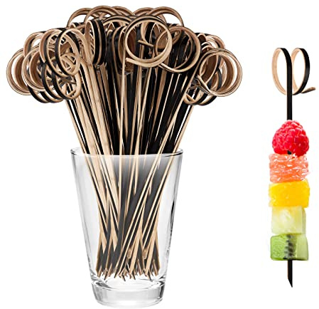 Bekecidi Bambus-Cocktail-Stäbchen, 100 Stück, Bambusspieße mit Schlaufenring, Obststäbchen, Bambus-Zahnstocher, Canape-Stäbchen für Sandwich, Getränke, Lebensmittel, Partyzubehör, 12 cm (Schwarz)