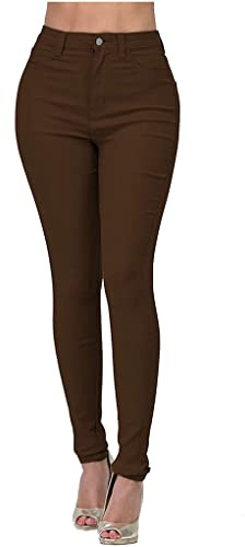 Dninmim Dam hög midja elastiska smala pennbyxor vår höst smala vardagliga jeans, Brun, M