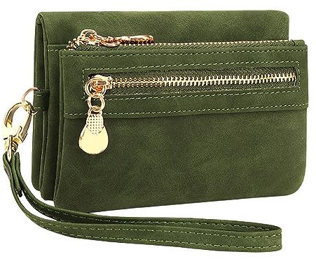 Damen Geldbörse Klein Portemonnaie PU Leder Portmonee Damen Viele Fächer, Geldbeutel Damen mit 10 Kartenfächer und Abnehmbare Handschlaufe, Brieftasche für Frauen Reißverschluss Münzfach (Dunkelgrün)