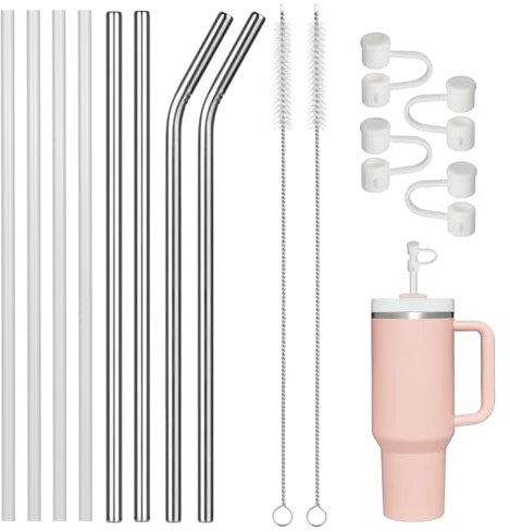 8 Pezzi Cannucce Riutilizzabili per Stanley 40oz Mug, 30cm/11.8in Cannucce Plastica con 2 Spazzole per la Pulizia e 4 Coperchi per le Cannucce, Cannucce Acciaio Inox per Stanley Adventure Tumbler