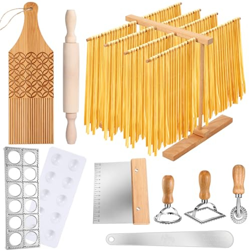 Baderke 9 Pcs Pasta Making Tool Set Include 1 Bamboo Drying Rack 1 Ravioli Press 1 Gnocchi Board 1 Cutter 1 Rolling Pin 1 Filling Spoon 3 Ravioli Stamp for Pasta Maker
