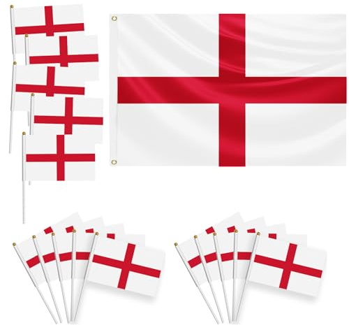 16 Stück Flaggenset,Europapokal-Dekorationen,1 Stück Eine Große Flagge 150×90cm,Mit Messingösen,15 Stück kleine,Handfahne,Dekoriert Bei Sportveranstaltungen,Partys(England)