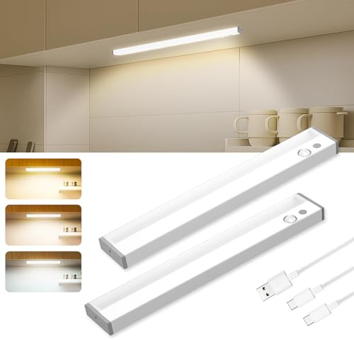 ALUSSO 30 cm LED skåpbelysning med rörelsedetektor, färgtemperaturkontroll (3000/4000/6500 K) dimbar underbyggd lampa kök LED, USB uppladdningsbar nattlampa för trappor, sovrum, set om 2