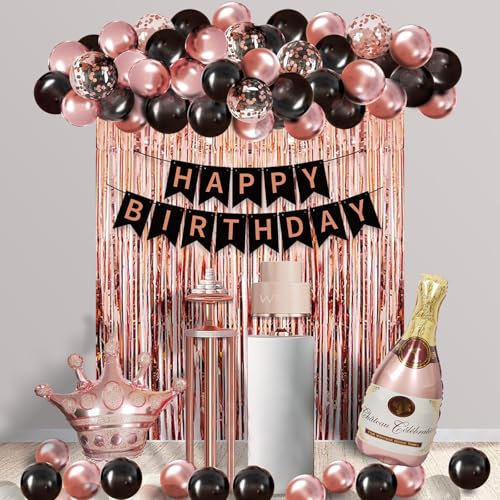 Oro rosa y negro decoraciones de globos de cumpleaños, negro y oro rosa globos guirnalda arco Kit con Champagne corona de globos de papel de aluminio para las mujeres 16a 21a 30a 40a 50a