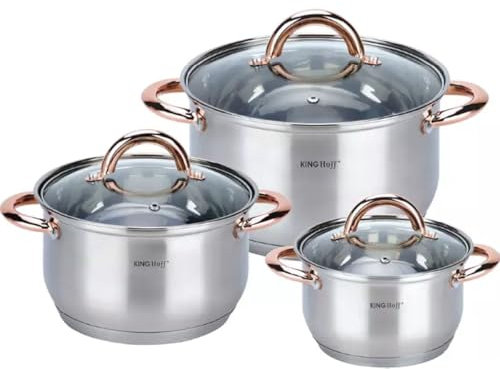 Kinghoff KH-1761 - Set di pentole a induzione, 6 pezzi, con coperchio in vetro, pentole in acciaio inox opaco, adatto per tutti i piani cottura, lavabili in lavastoviglie, manici in oro rosa