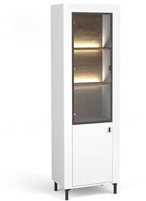 BETTSO - Vitrinenschrank Mossa, Glasvitrine, Wohnzimmer Schrank, Highboard mit hohen Metallbeinen, Gehärtetes Glas - mit LED-Beleuchtung - Beine Schwarz, Farbe Weiß