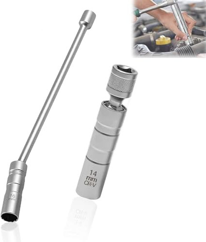 JIHXYER Llave de bujía plateada, 14 mm y 16 mm, imán largo, universal, flexible, herramienta de extracción de bujías