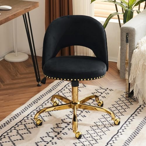 Bonnlo Bürostuhl mit Rollen, Drehstuhl mit goldenen Nieten, Schminktisch Stuhl bis 136 KG, Höhenverstellbar Schreibtischstuhl für Arbeitszimmer, Schlafzimmer, Homeoffice (Samt, Schwarz)