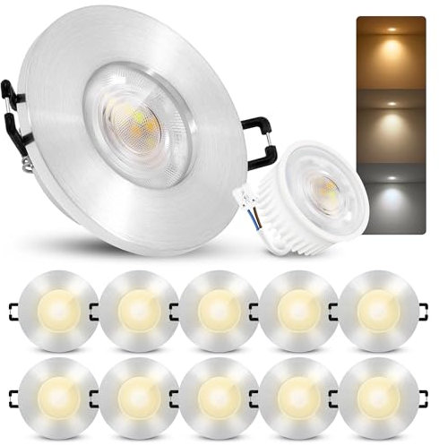 linovum ISASO 10er Set Einbaustrahler flach LED rund IP65 gebürstet silber inkl. 4W Modul wechselbare Lichtfarbe - Bad Dusche Außenbereich