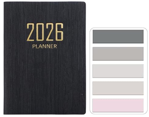 RuiChy Mini Agenda de Bolsillo 2026 Cubierta de cuero PU Agenda Diaria A7 Semana Vista 128 Páginas Planificador Diario Calendario Anual Libreta con Morandi Adhesivos Índices de Pestañas (Negro)
