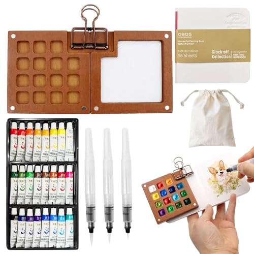 ZOCONE Mini Acuarelas kit 24 Colores con 15 Cuadrículas Madera Paleta Acuarela Portatil Cuaderno de Bocetos y Pinceles, Set Mini Acuarelas Portatil Viaje para Pintores Artistas Estudiantes