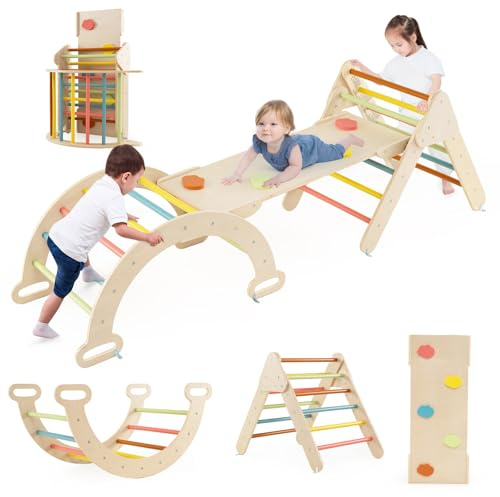COSTWAY 7 en 1 Triangle d'escalade Montessori Enfants avec Rampe, Arc d'escalade Montessori en Bois Hêtre avec Tente & Bascule & Échelle, Charge Max 50KG pour Glisser Grimper pour Bébé de 1 an+